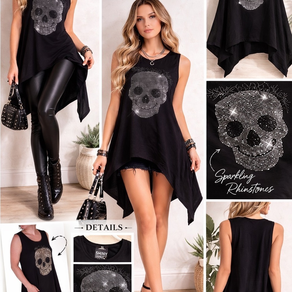 SHINY Rhinestone Skull Black Tank Dress One Size
